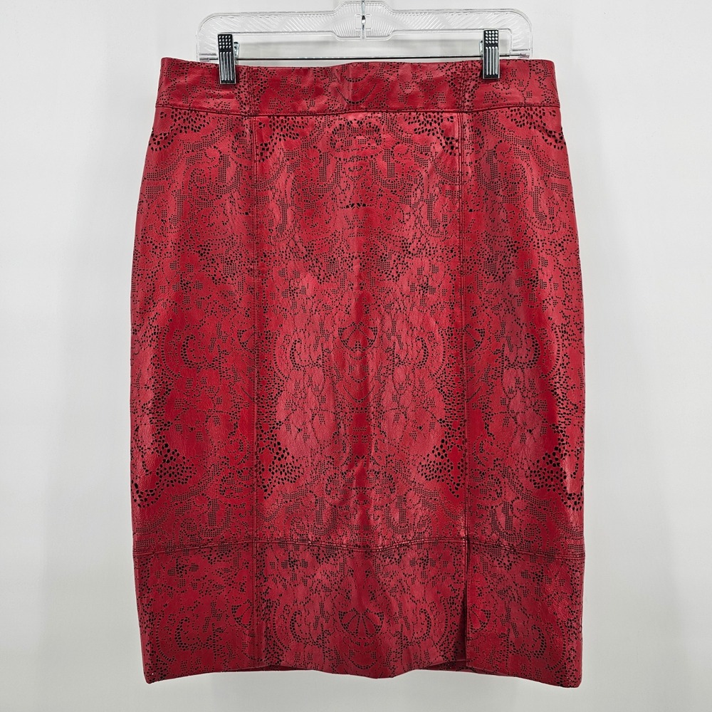 Doncaster Collection Leather Pencil Skirt Womens 12 Red Laser Cut Lace Pattern